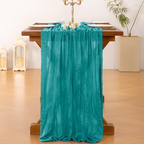 **Socomi Teal Blue Cheesecloth Table Runner - 120 Inch Boho Rustic Decor for Weddings & Events**