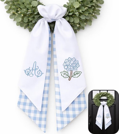 Monogram Wreath Sash Bow - Adjustable Farmhouse Door Decor | Embroidered Hydrangea Design