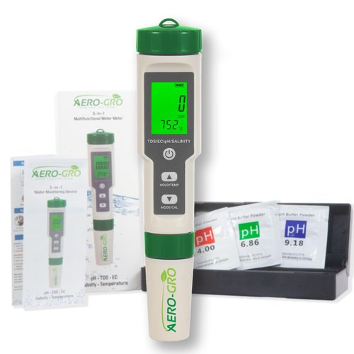 AERO-GRO Digital 5-in-1 Meter: 5 Functions: pH, TDS, EC, Salinity%, Salinity ppm, and Temp, IP67 Waterproof, Pen-Type Tester for Hydroponics, Water, Wine, Spas, Aquariums