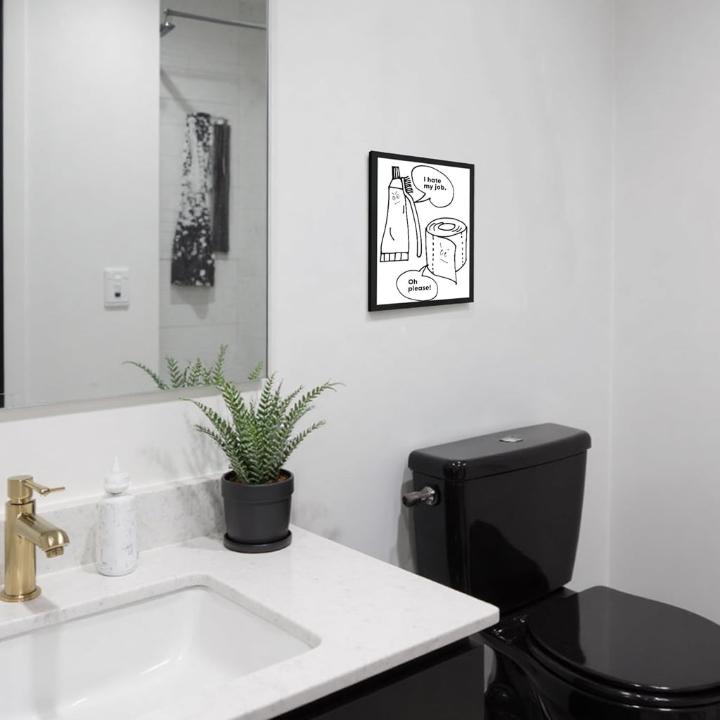 Urmoya Bathroom Wall Art - Modern Black and White Funny Sign | Minimalistic 8x10 Inch Framed Canvas Print