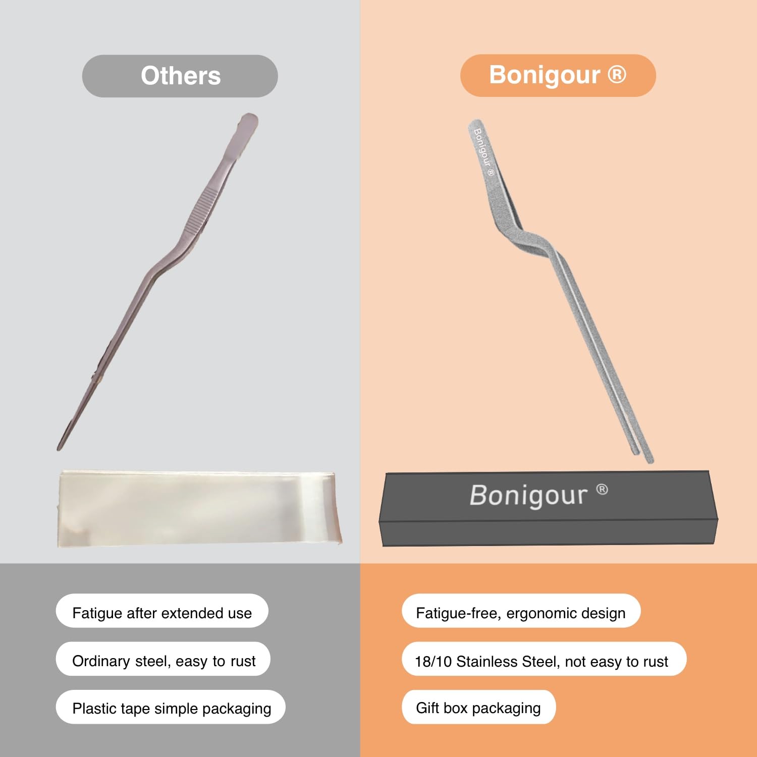 Bonigour 8 Inch Precision Offset Tweezers, Kitchen Culinary Stainless Steel Tongs, Curved Kitchen Cooking Multi-function Chef Precision Tweezer Tongs for Plating, Food Decorating and ect (Silver)