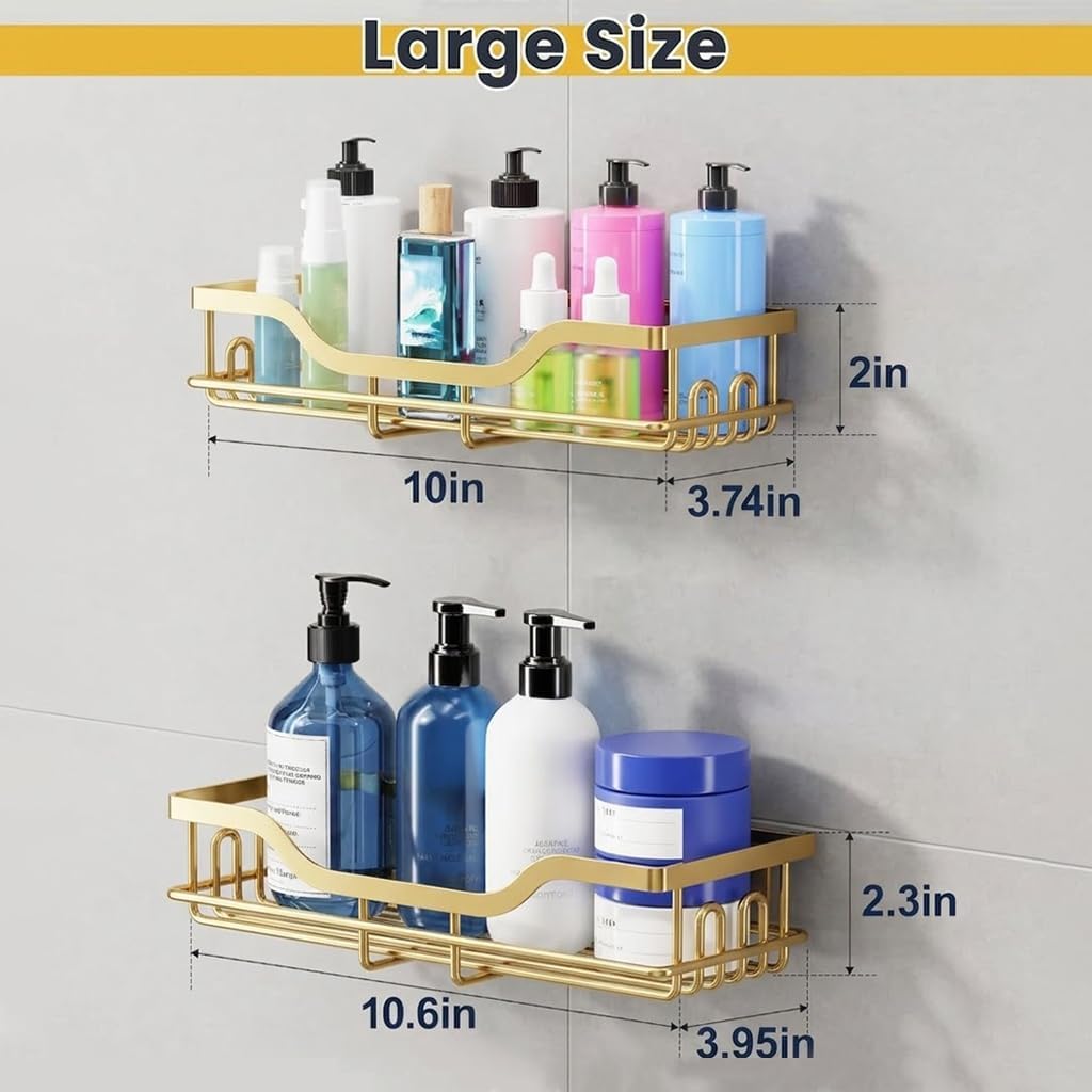 OMAIRA Shower Caddy - 3-Pack Rustproof Organizer with Soap Holder for Smooth Wall & Glass Tile (Gold)