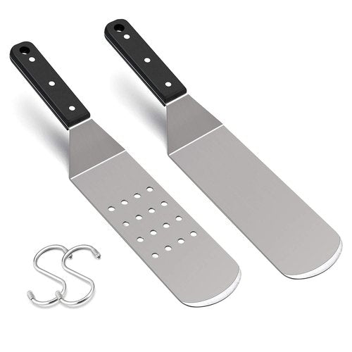 HaSteeL Metal Griddle Spatula, Stainless Steel Long With Riveted Handle, Heavy Duty Perforated & Solid Burger Turner for Teppanyaki BBQ Flat Top Grilling Cooking, Dishwasher Safe