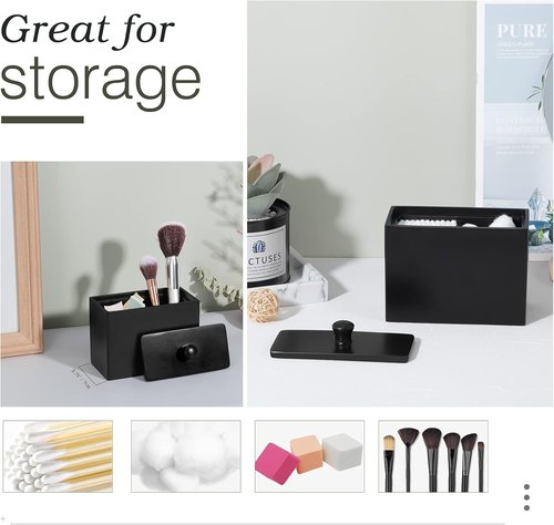 Luxspire Cotton Swab Holder - Stylish Qtip Dispenser with Lid & 2 Compartments | Matte Black Bathroom Organizer