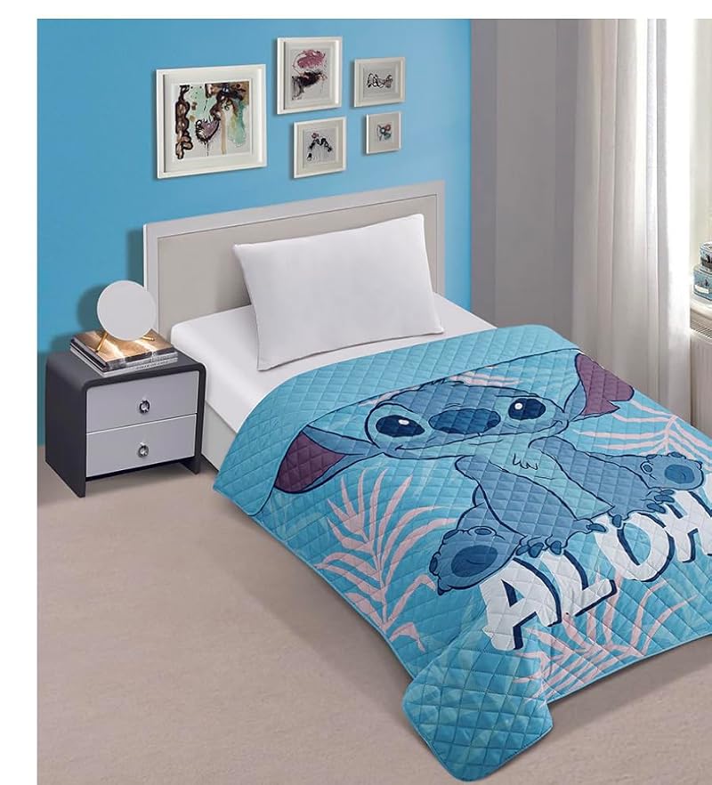 Twin Quilted Bedspread - Blue Lilo & Stitch Design, 55x75 inches