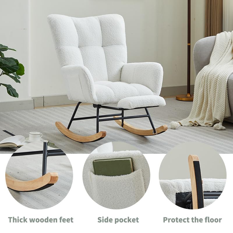 HEAHOLD Teddy Fabric Rocking Chair - 35.4 Inch Plush Glider for Nursery & Living Room, White