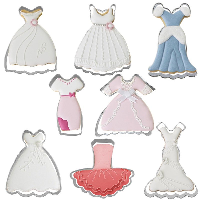 Dress Shaped Cookie Cutters Set of 8 pcs, Stainless Steel Wedding Princess Dress Fondant Cutter Molds Baking DIY