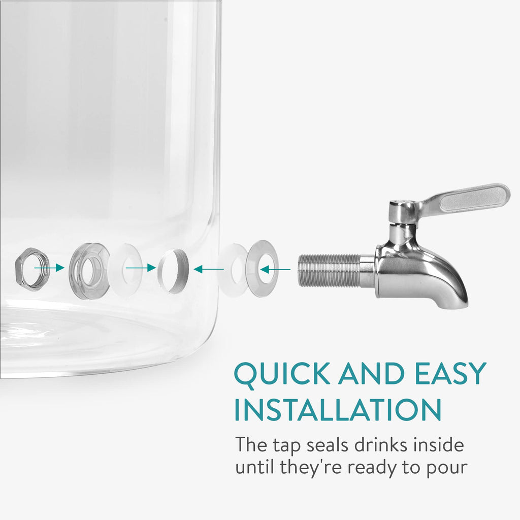 Navaris Beverage Dispenser with Spigot and Stand - 1.3 Gallon (5L) Glass Drink Jar with Tap and Metal Wire Stand - For Cold Drinks, Ice Water