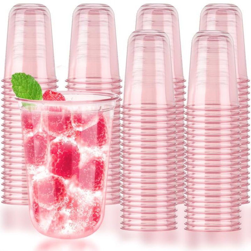 Xuelimei 16oz Disposable Stemless Glasses,PET Disposable Drinking Cups,Cold Party Clear Plastic Wine Glasses for Parties Birthday,Wedding,Meeting,Christmas Party Supplies (100, Pink)