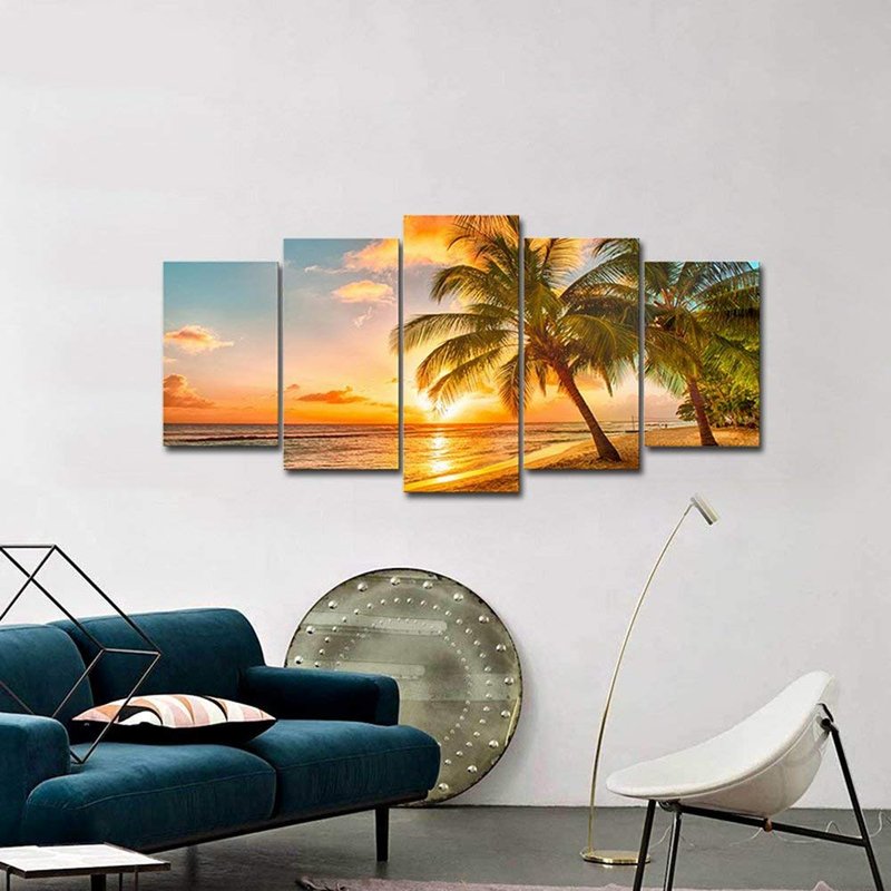 Wieco Art Cozy Sea Canvas Prints Wall Art Ocean Beach Pictures Paintings for Living Room Bathroom Home Decorations Modern 5 Piece Stretched and Framed Grace Contemporary Seascape Giclee Artwork