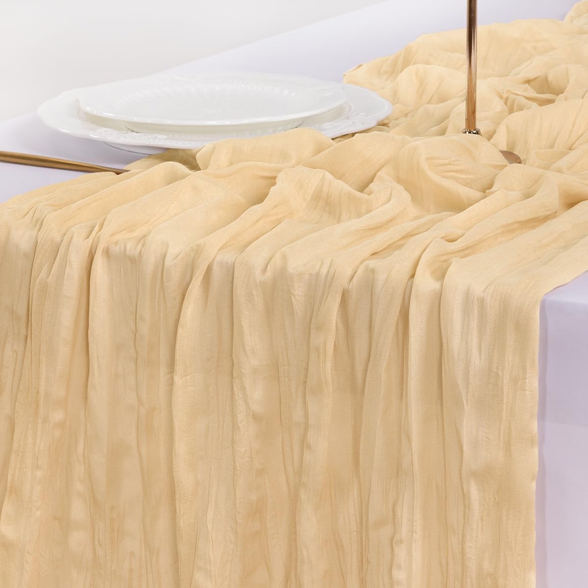 Socomi Gold Champagne Cheesecloth Table Runner - 120 Inch Sheer Gauze for Weddings & Events