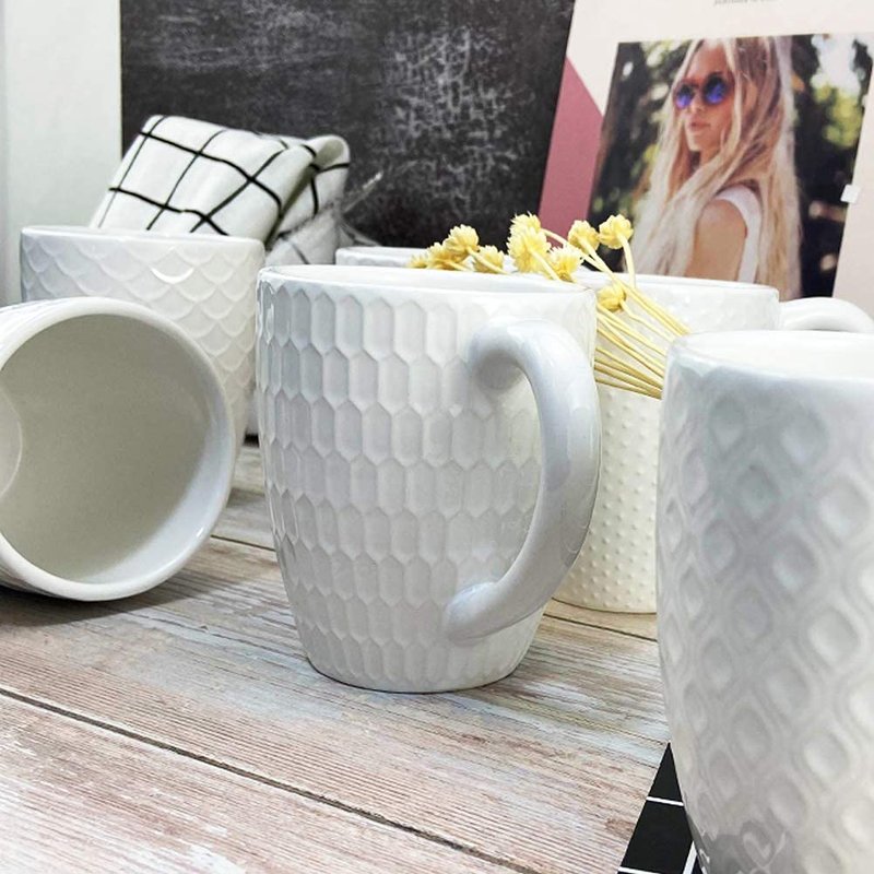 Schliersee 12 OZ White Ceramic Coffee Mugs Set of 6, Stylish Embossed Coffee Cups Set for Coffee, Tea, Milk, Cocoa, Cereal