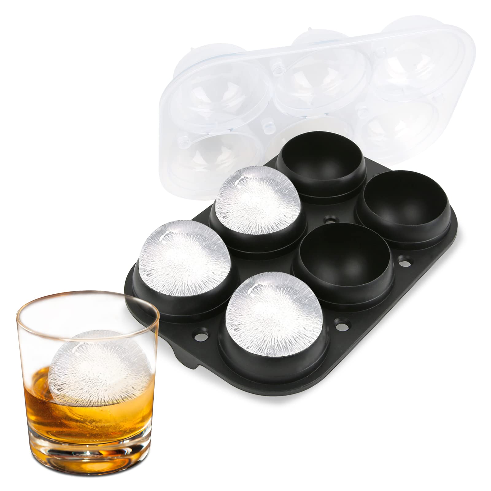 Samuelworld Large Ice Ball Maker with Lid, 6 x 2.5 Inch Ice Balls - BPA Free, Easy To Fill Round Silicone Ice Tray, Perfect Spheres Craft Ice Maker for Whiskey, Cocktails, Gifting - Black
