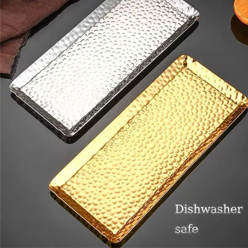 SEEK RARE Decorative Tray Stainless Steel Serving Trays Hammered Rectangular 9.8 x 4.3 Inch Dessert Plates Reusable Fruit Stand for Living Room Kitchen Gold