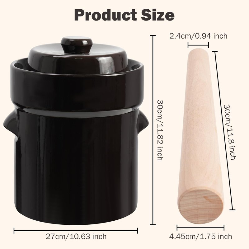 Seeutek Fermentation Crock Jar 5 Liter / 1.3 Gallon - Stoneware Pot for Fermenting, Pickling Kimchi, Pickles, Vegetables, Kombucha - Glazed Fermenter with Stone Weights, Lid & Pickle Tamper