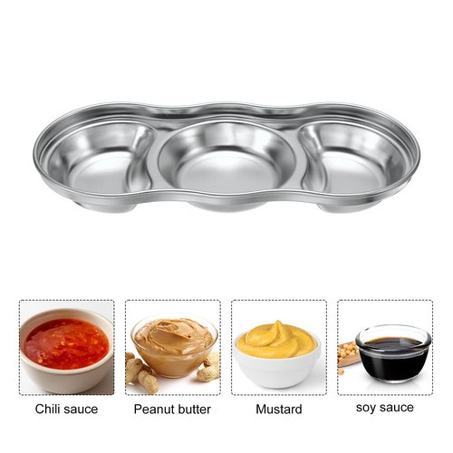 uxcell 10 Pack Stainless Steel Dish Dipping Bowls with 3 Round Compartment Divided, Metal Seasoning Plate Dipping Bowl for Condiment Home Party Restaurant Picnic Travel, Silver