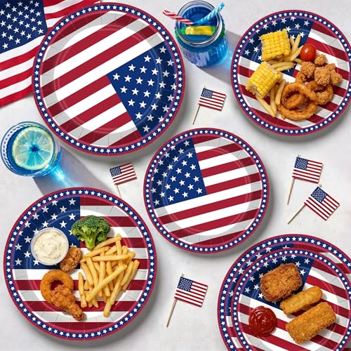 Patriotic 48-Pack 7in & 9in Red White Blue Paper Plates – 24 Dinner + 24 Dessert