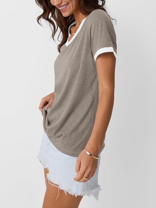 AUTOMET Women's V-Neck Short Sleeve T-Shirt - Casual Soft Tunic for Summer Fashion Outfits