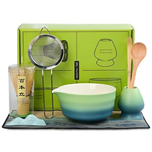 Matcha Whisk Set, 8 Pcs Ceramic Match Bowl with Spout and Bamboo Matcha Whisk and Holder, Bamboo Spoon and Scoop, Sifter, Tea Towel, Matcha Kit for Matcha Tea Ceremony (Gradient Blue Green)