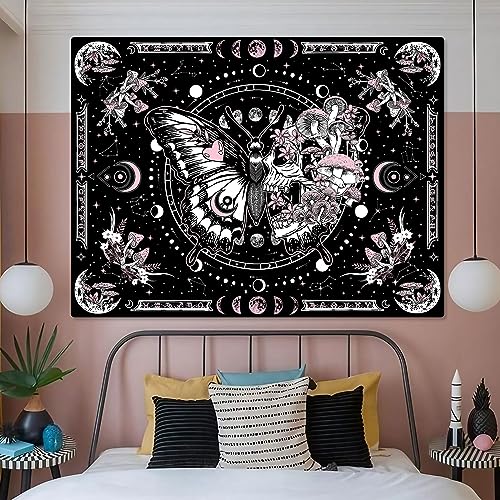 Pink Skeleton Butterfly & Mushroom Tapestry - Aesthetic Wall Hanging (48" x 36")