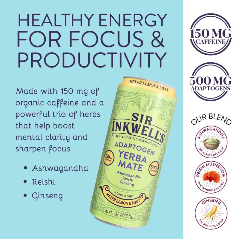 SIR INKWELL'S Adaptogen Yerba Mate Tea | Healthful Energy + Productivity 150 mg Organic Caffeine | 300mg Ashwagandha Reishi Ginseng | Non-GMO Certified | Meyer Lemon & Mint 16oz 12pk
