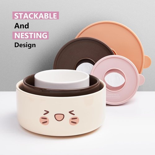 Thousandaynight Ceramic Bowls with Lids, 4, 5, 6 Inch Food Storage Container Bowl, Microwave & Dishwasher Safe, For Soup, Salad, Rice, Cereal, Breakfast, Dinner, Serving, Oatmeal (Bear)