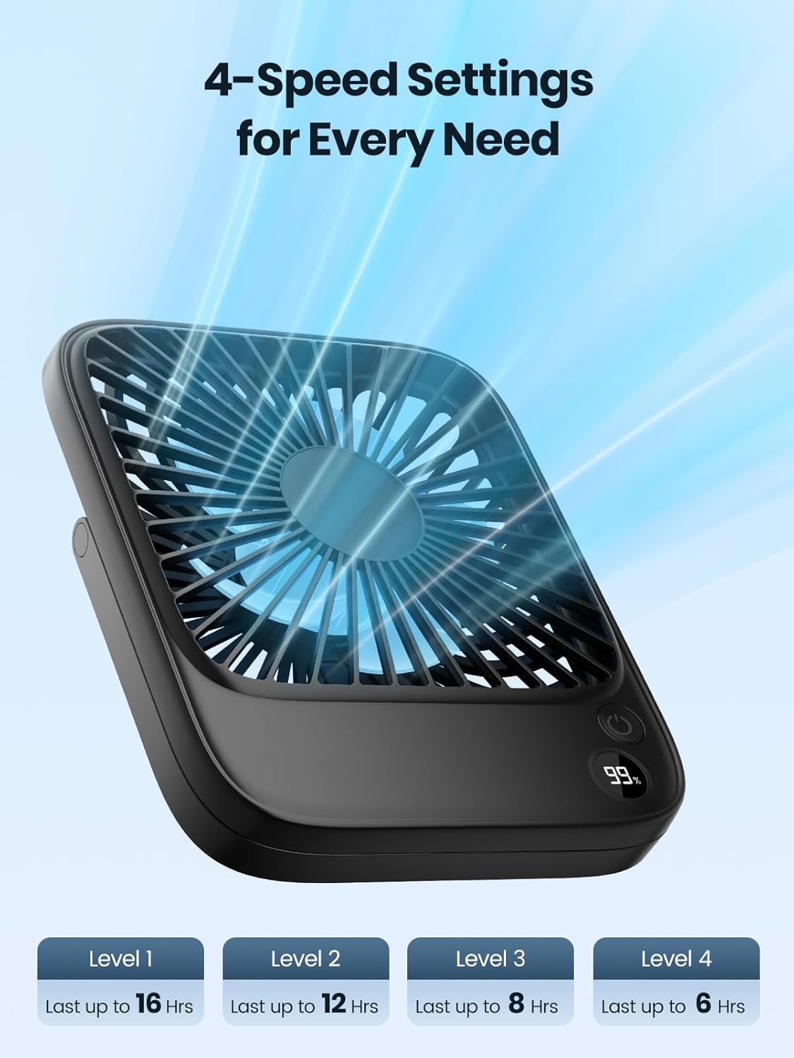 TOPK Portable Desk Fan - 5000mAh Ultra-Thin Rechargeable Battery Operated Fan | Quiet 4-Speed for Office & Travel
