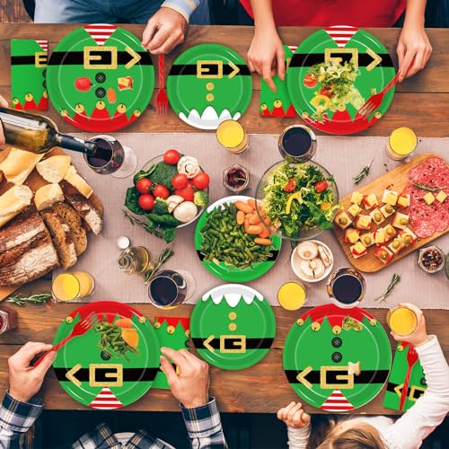 Elf Christmas Party Plates & Napkins Set (96Pcs) - Includes 24 Dinner Plates, 24 Dessert Plates, 24 Napkins & 24 Forks (Variation: Elf) - KEPEEL
