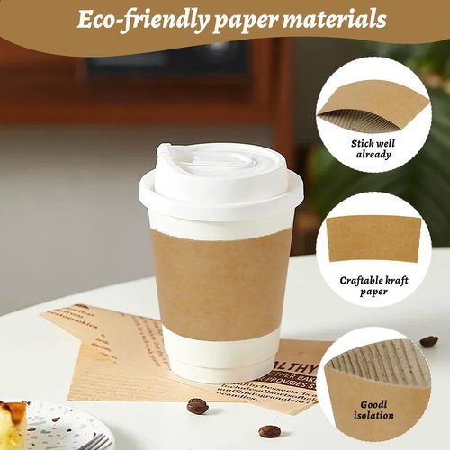 WETPYAKS 500 Pcs Coffee Sleeves, Brown Corrugated Kraft Paper Coffee Cup Sleeves Disposable for 12oz/16oz/20oz/22oz/24oz Hot/Cold Drinks, Recyclable Cup Sleeve for Cafes, Offices & Coffee Shops