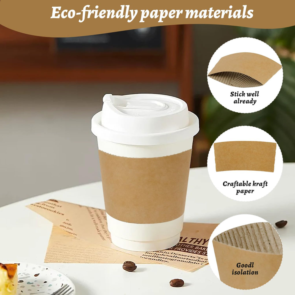 WETPYAKS 500 Pcs Coffee Sleeves, Brown Corrugated Kraft Paper Coffee Cup Sleeves Disposable for 12oz/16oz/20oz/22oz/24oz Hot/Cold Drinks, Recyclable Cup Sleeve for Cafes, Offices & Coffee Shops