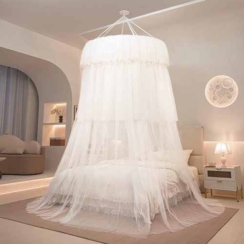 Mengersi Bed Canopy for Girls,Canopy Bed Curtains Double Layer Sheer Mesh Round Lace Princess Mosquito Net for Twin Full Queen King Bed Bedroom Decoration (White)
