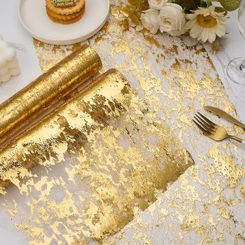 Gold Foil Table Runner 2 Pack, 11x106 Inch Glitter Metallic Mesh for Wedding Birthday Christmas - Mabbcoo