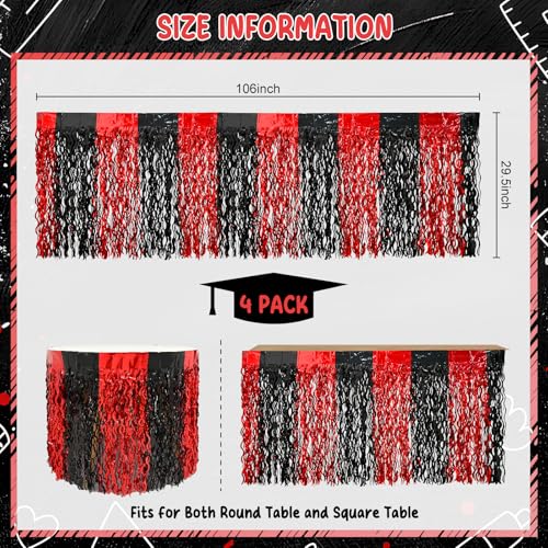 4 Pack Metallic Foil Fringe Table Skirts, Red and Black Graduation Decor