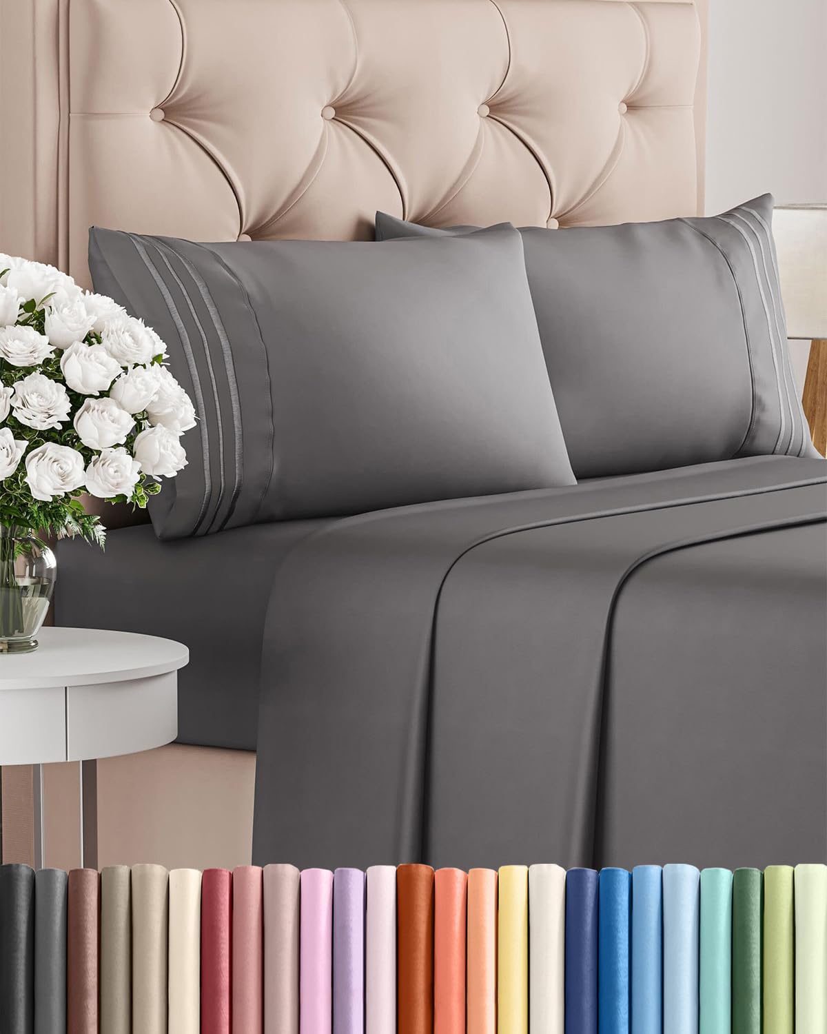 Skiennix Full Size 4 Piece Sheet Set - Ultra-Soft Cooling Bedding - Deep Pocket, Wrinkle-Free - Dark Grey