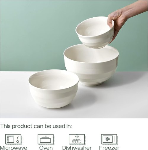 DOWAN Ceramic Mixing Bowls Set - Sturdy & Space-Saving | Microwave & Dishwasher Safe | 3.5/1.9/1.2 Qt, Creme White