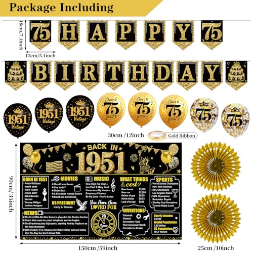 75th Birthday Decorations Kit, Black and Gold Party Supplies for 1951 Birthdays