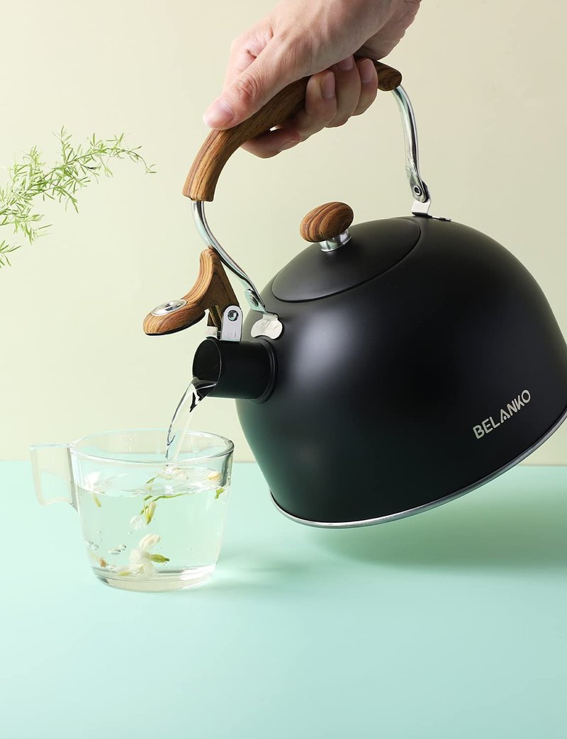 Tea Kettle, BELANKO 85 OZ / 2.5 Liter Whistling Tea Kettle, Tea Pots for Stove Top Food Grade Stainless Steel with Wood Pattern Folding Handle, Loud Whistle Kettle for Tea, Coffee, Milk - Black