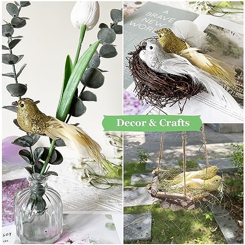 12pcs Gold Glitter Birds Christmas Tree Ornaments Clip-On Feathered Decorations