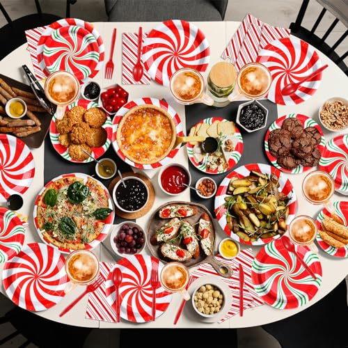 Jectivs 350Pack Candy Cane Holiday Party Plates & Cutlery Set for Christmas, Winter, New Year