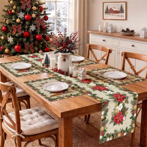 Bonhause Christmas Poinsettia Table Runner 13x72 Inch Holiday Decor, Red & Green