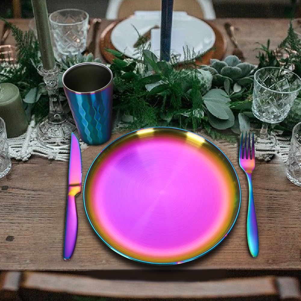 DOCBLACK Stainless Steel Serrated Steak Knives Forks with Dinner Plates Cups Dinnerware set Unbreakable Reusable Heavy Duty Matte Polished Flatware Silverware sets (Rainbow 4 set(16PCS))