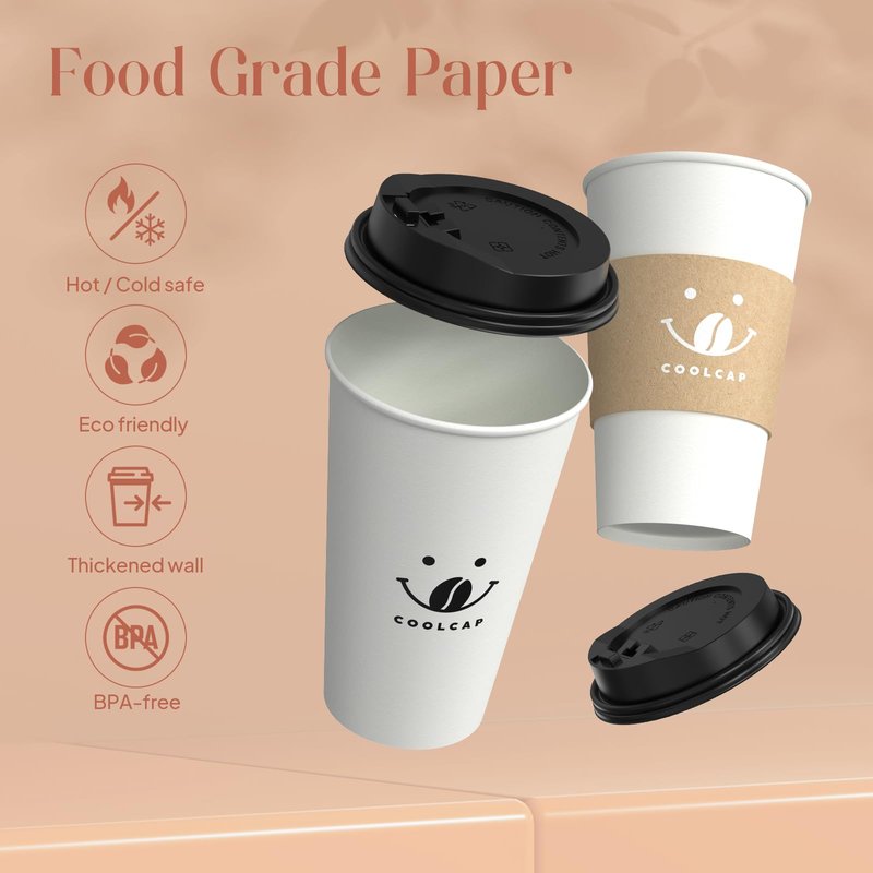Coolcap Coffee Cups with Lids and Sleeves, 16 Ounce 200 pack To Go Coffee Cups with Lids, Paper Hot Cups for Hot & Cold Beverage (White, 16 Ounce)