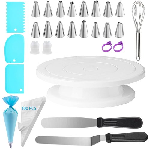 124 PCS Cake Decorating Kit with Cake Stand Turntable, Piping Bags and Tips Set, 100+1 Piping Bags, 12 Icing Piping Tips, 3 Scrapers, 2 Spatulas, Manual Egg Whisk, Baking Supplies for Cake Lovers