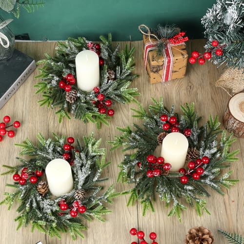 YLOLUL 18 Pcs Christmas Candle Ring Wreath Set - Mini Holiday Decor for Front Door & Kitchen
