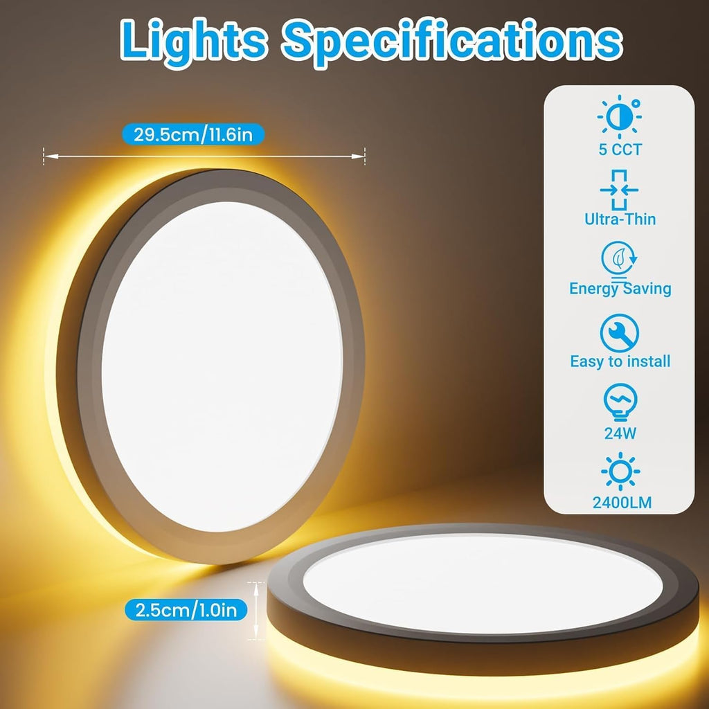 Skiennix 12-Inch LED Ceiling Light - 24W 2400LM Adjustable Warm to Cold White | Ideal for Bedroom, Bathroom, Kitchen
