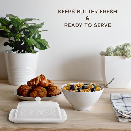 Maison Neuve White Ceramic Butter Dish with Lid for Countertop, White Kitchen Decor, Bold Embossed Font, Chip-Resistant, Microwaves & Dishwasher Safe, Butter Keeper, Country Kitchen Decor
