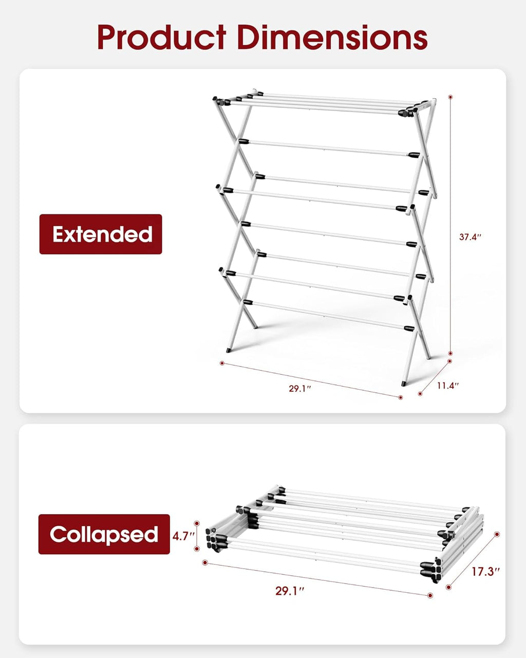 Sakugi Foldable Clothes Drying Rack - 3-Tier Metal Laundry Organizer with Non-Slip Feet, 11.4"D x 29.1"W x 37.4"H, White & Black