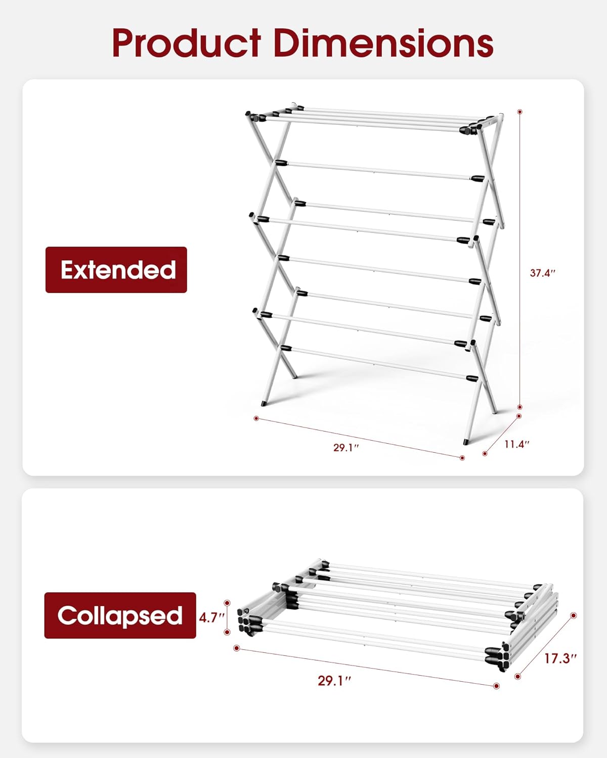Sakugi Foldable Clothes Drying Rack - 3-Tier Metal Laundry Organizer with Non-Slip Feet, 11.4"D x 29.1"W x 37.4"H, White & Black