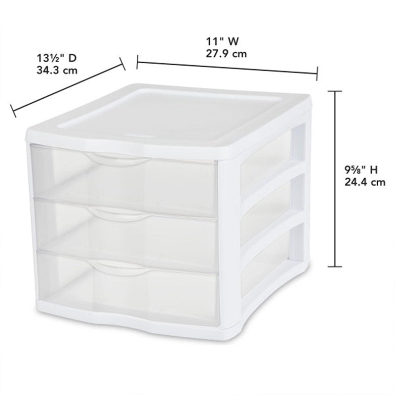 Sterilite 4-Pack 3 Drawer Unit, Stackable Plastic Organizer with Drawers, White Frame - Multi-Purpose Countertop Storage Containers for Office Supplies, Craft Rooms, Classrooms and Home Organization