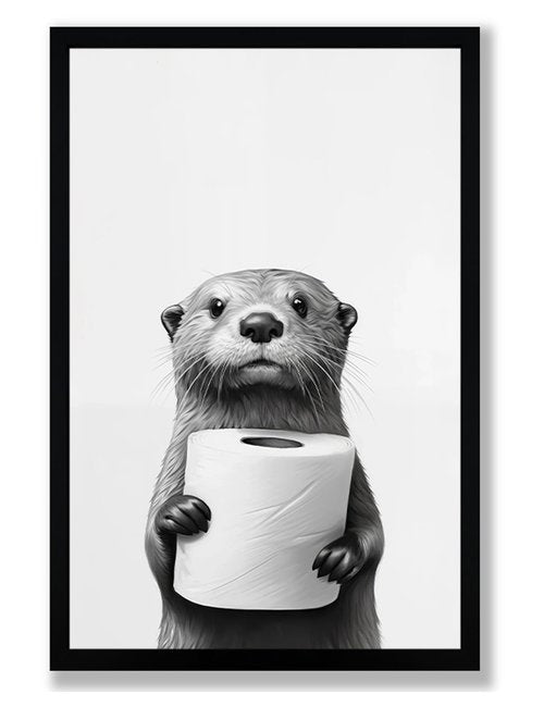 Framed Black and White Bathroom Canvas Wall Art, Funny Animal Bathroom Decor Cute Otter Holding A Roll of Toilet Paper Picture Modern Humor Painting Wall Decor Ready to Hang 24'' x 16''